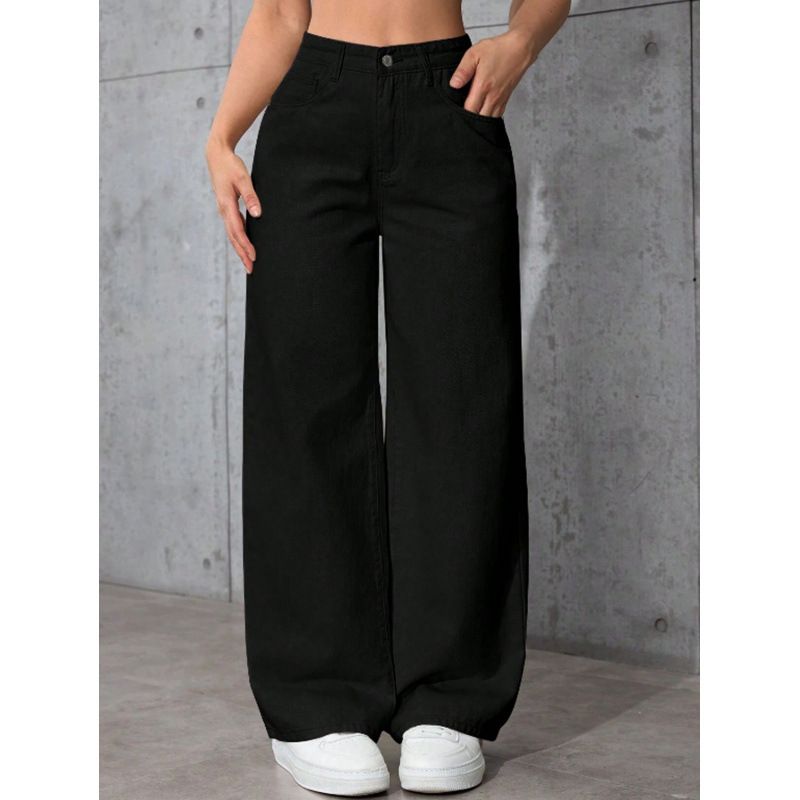 Slimming Black Washed Straight Leg Jeans Wide Leg Pants for Women European American Style Loose Fitting Height Enhancing_mkmklike.com