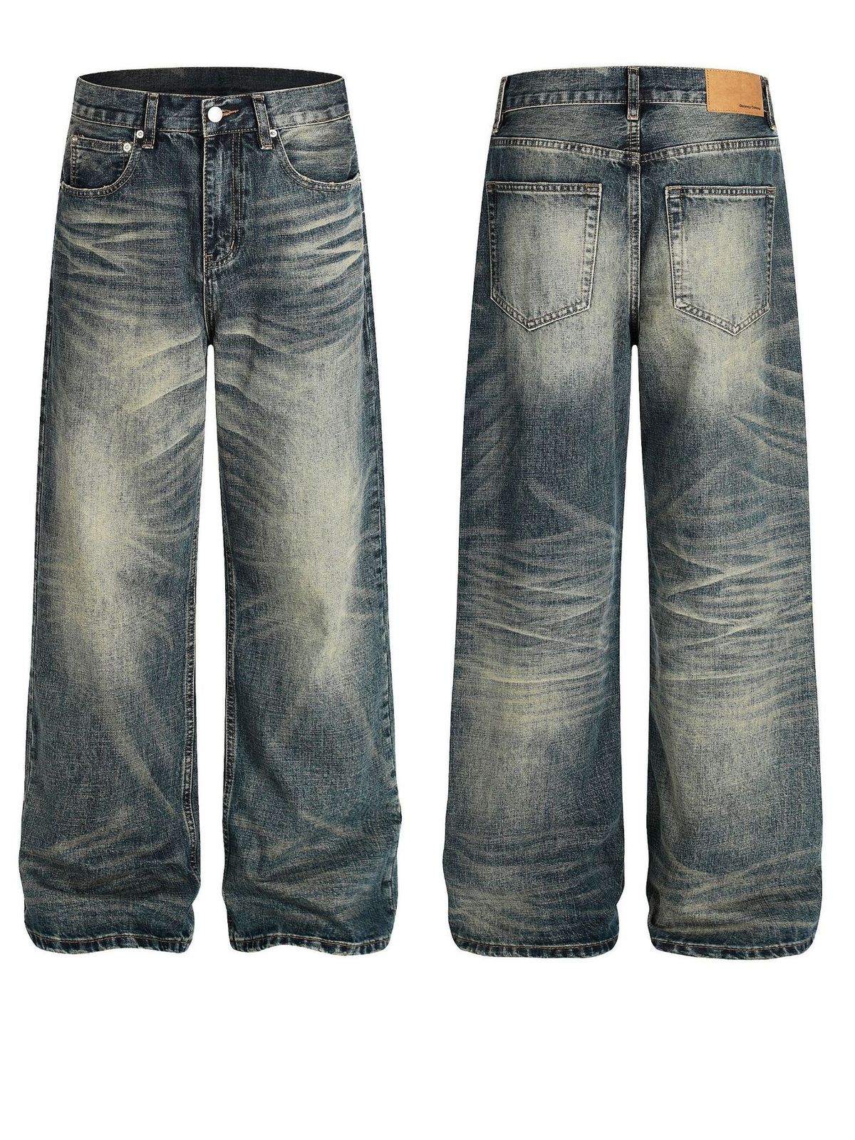 Unisex American Style Washed Retro Cleanfit Jeans Loose Straight Leg High Street Distressed Casual Pants Blue mid Waist Zipper Fly_mkmklike.com