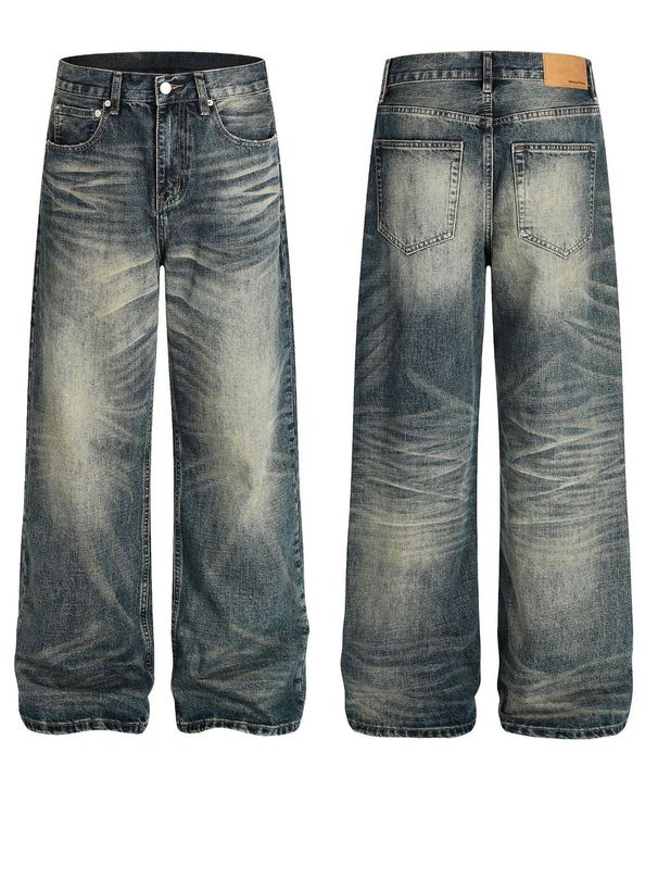 Unisex American Style Washed Retro Cleanfit Jeans Loose Straight Leg High Street Distressed Casual Pants Blue mid Waist Zipper Fly_mkmklike.com