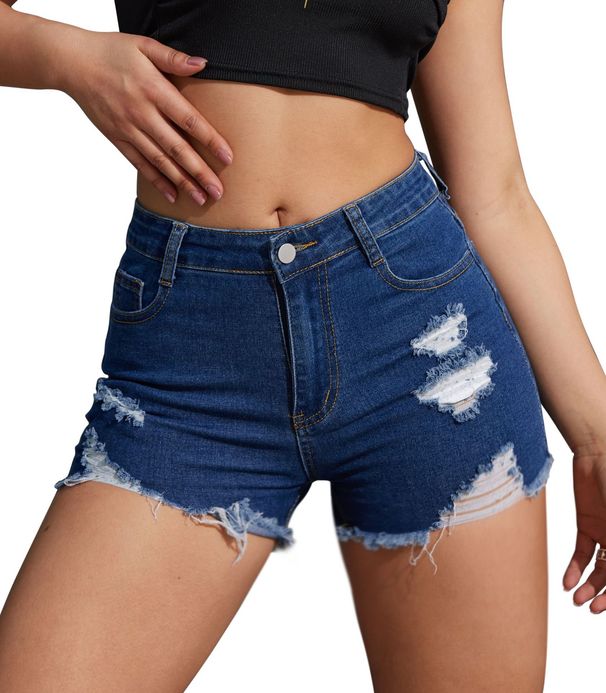 Women's Clothing Denim Shorts For Women All Match Blue Ripped Shorts With Frayed Hem Jeans_mkmklike.com