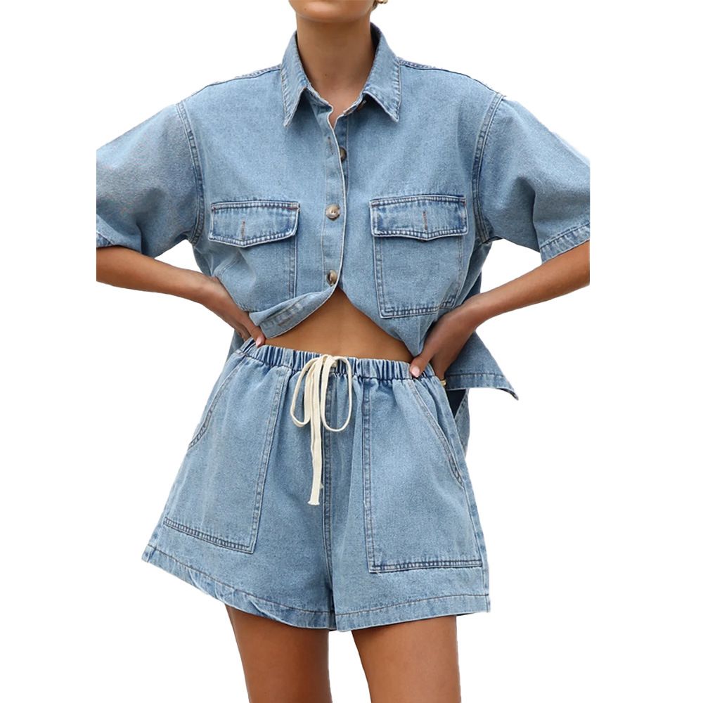 Women's Clothing Summer Women's Casual Loose Pocket Short Sleeved Shirt Shorts Denim Two Piece Suit_mkmklike.com