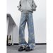 Men's Clothing Men's High Street Style Floral Print Jeans Cleanfit Straight Leg Wide Leg Pants Autumn Niche Design_mkmklike.com