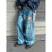 Vintage Washed Patchwork Jeans For Men & Women – Distressed Denim Pants With Printed Design, Relaxed Fit & Straight Wide Leg_mkmklike.com