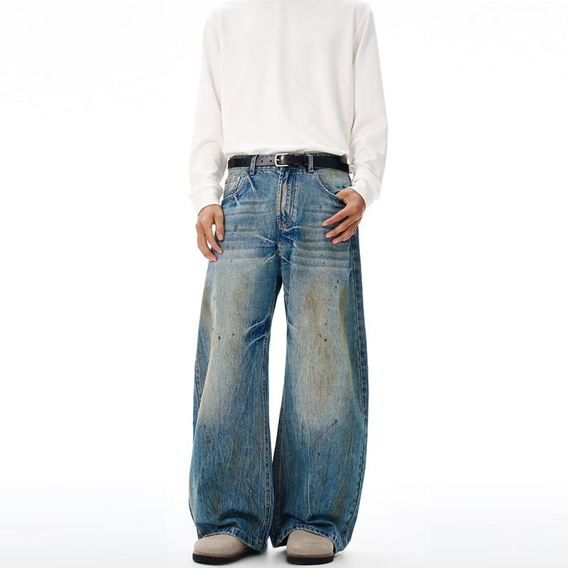 Men's Clothing American Streetwear Dirty Splatter Paint Curved Jeans Loose Fit Floor Length Pants Wear For Men And Women Unique Design_mkmklike.com