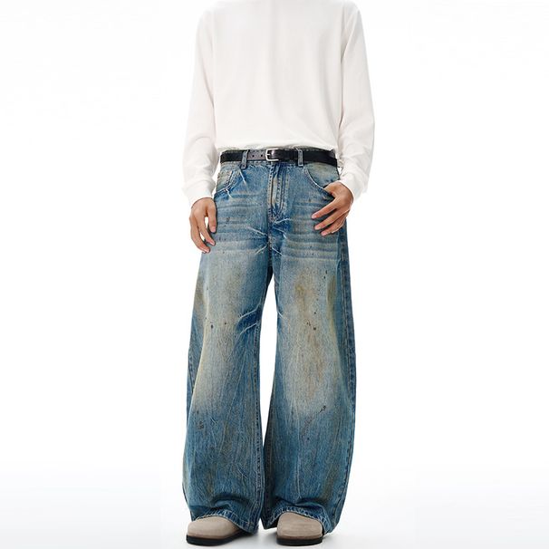 Men's Clothing American Streetwear Dirty Splatter Paint Curved Jeans Loose Fit Floor Length Pants Wear For Men And Women Unique Design_mkmklike.com