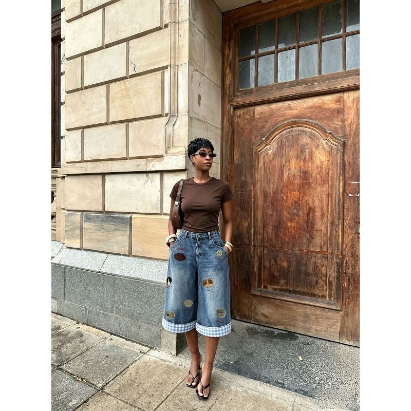 Women's Retro Puppy Embroidered Plaid Patchwork Wide Leg Loose Cropped Jeans European American Style New 2026 Cross Border Foreign Trade_mkmklike.com