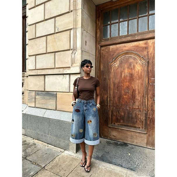 Women's Retro Puppy Embroidered Plaid Patchwork Wide Leg Loose Cropped Jeans European American Style New 2026 Cross Border Foreign Trade_mkmklike.com