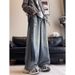 American Style Ripped Jeans For Men, Baggy, Trendy High Street Graffiti, Niche, Loose Washed Wide Leg Pants_mkmklike.com