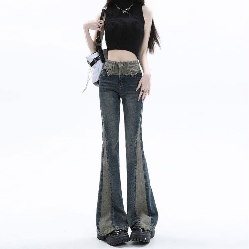 Women’s High-Waisted Flared Jeans – Vintage Washed Denim With Contrast Stitching & Patchwork Design (S-2XL, Retro Blue, Relaxed Fit)_mkmklike.com