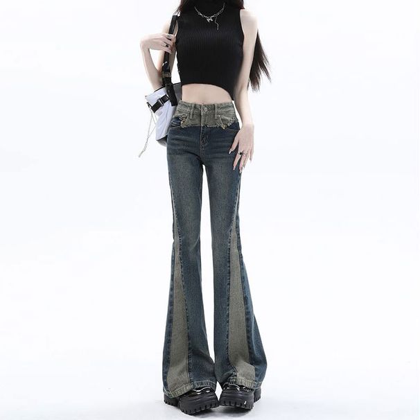 Women’s High-Waisted Flared Jeans – Vintage Washed Denim With Contrast Stitching & Patchwork Design (S-2XL, Retro Blue, Relaxed Fit)_mkmklike.com