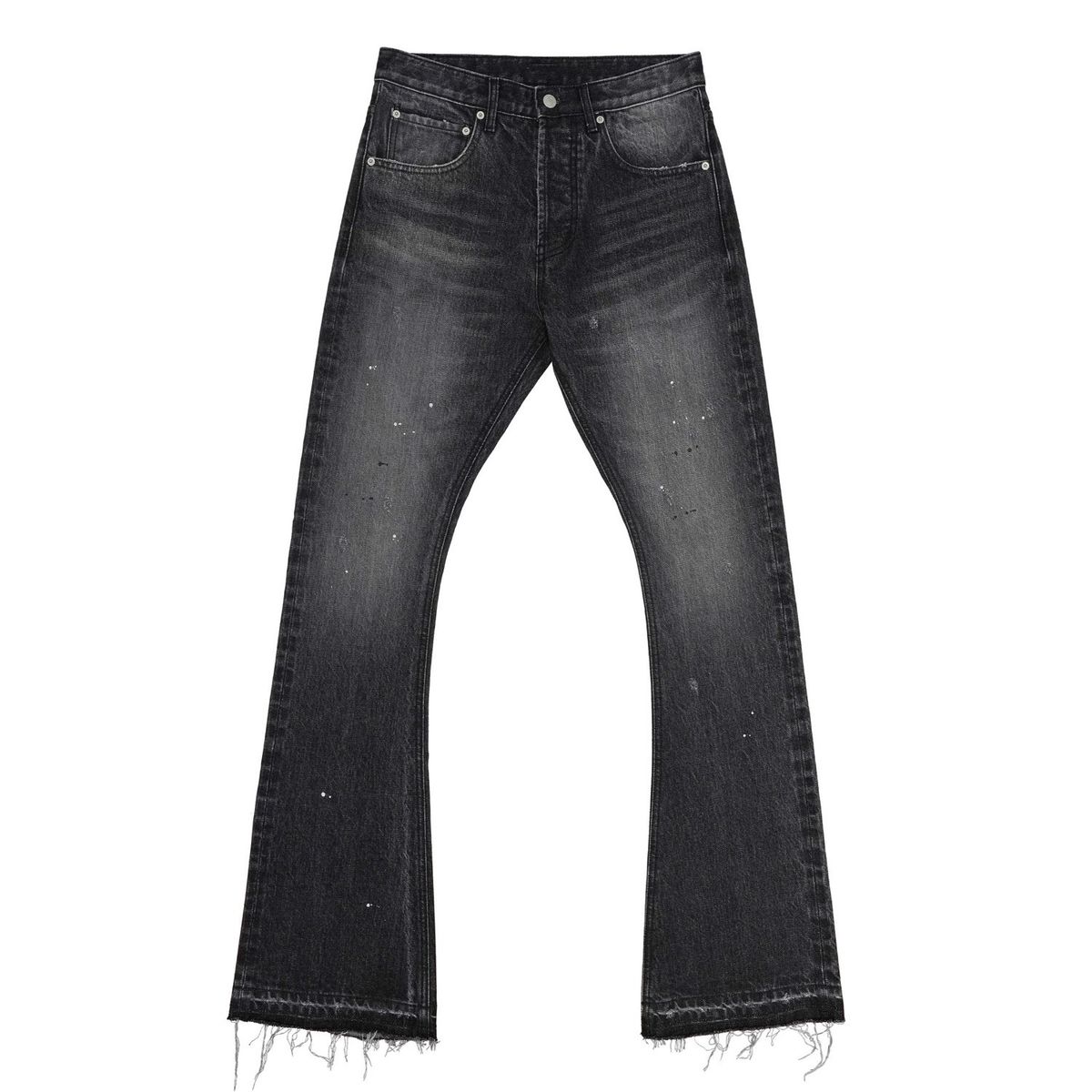 High Street Distressed Bootcut Jeans – Acid Wash Splatter Paint & Fringe Hem (S-3XL, Raw Edge Destroyed Denim, Unisex Streetwear)_mkmklike.com