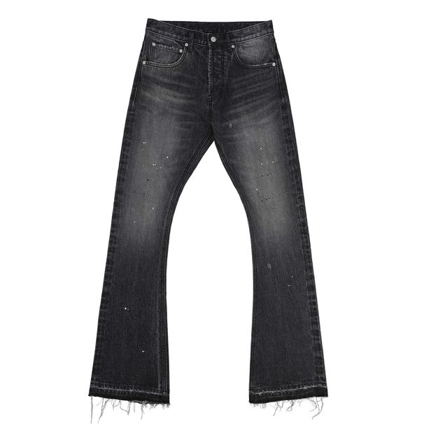 High Street Distressed Bootcut Jeans – Acid Wash Splatter Paint & Fringe Hem (S-3XL, Raw Edge Destroyed Denim, Unisex Streetwear)_mkmklike.com