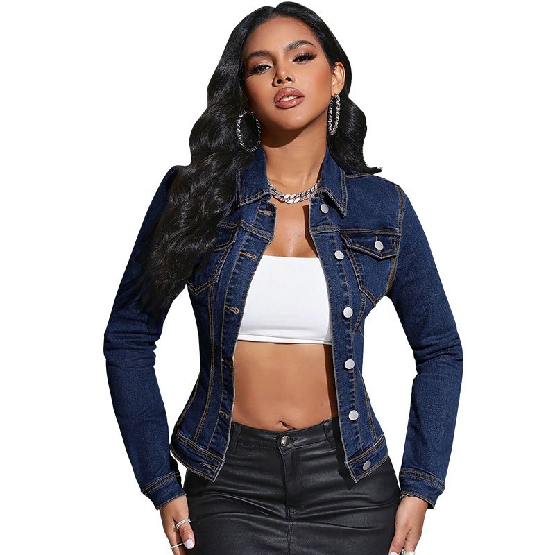 Women's Denim Jacket With Long Sleeves, Turn-Down Collar & Functional Pockets – Classic Streetwear Style In Blue & Dark Blue_mkmklike.com