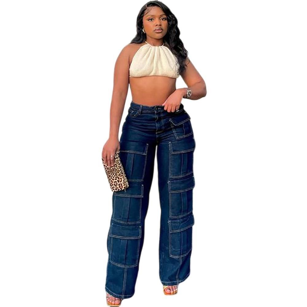 Women's Street Fashion Multi-pocket Bright Line High-waisted Overalls_mkmklike.com