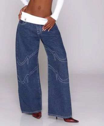 Low-Rise Baggy Jeans For Women – Streetwear Denim Pants With Leopard Print & Washed Blue, Oversized Aesthetic_mkmklike.com