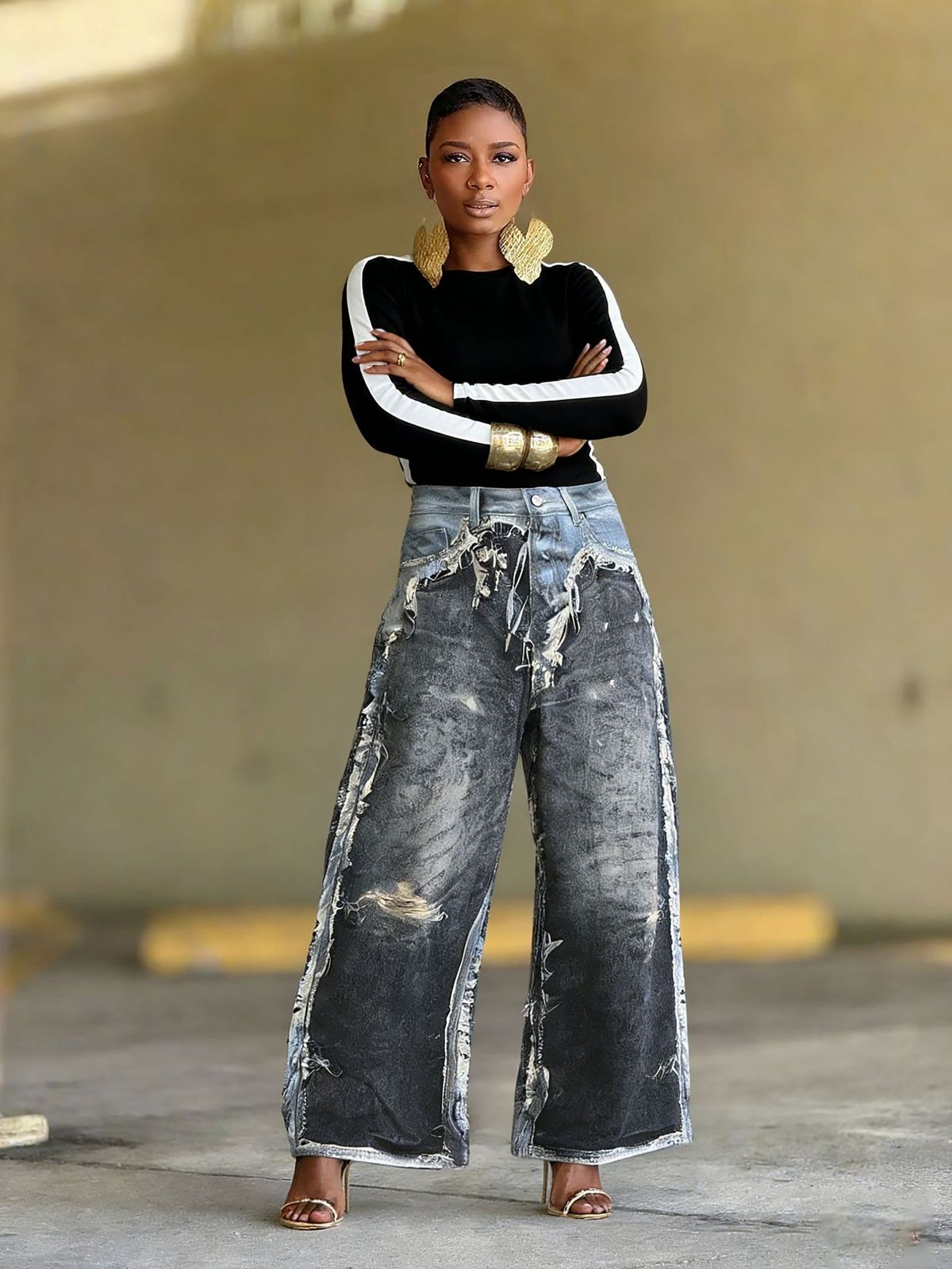 Women's Distressed Faux Leather 3D Printed Two-Piece Set Casual Cotton Jeans Spring/Autumn Summer Collection_mkmklike.com