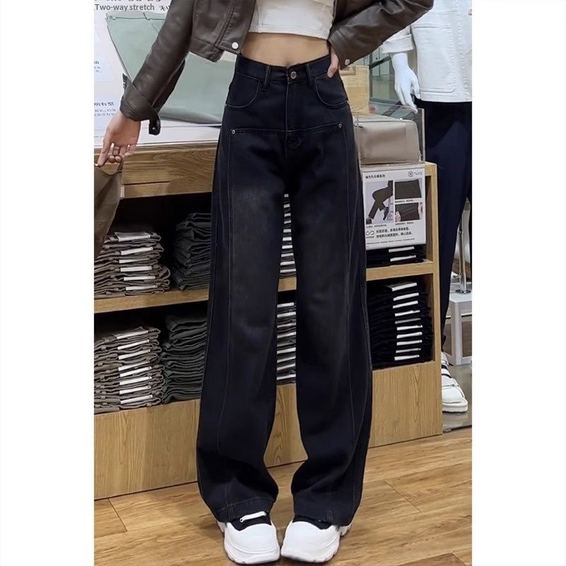 Black Fleece-Lined Wide-Leg Jeans Women, New Autumn And Winter Style, Petite Floor-Length Pants, Slimming Straight-Leg_mkmklike.com