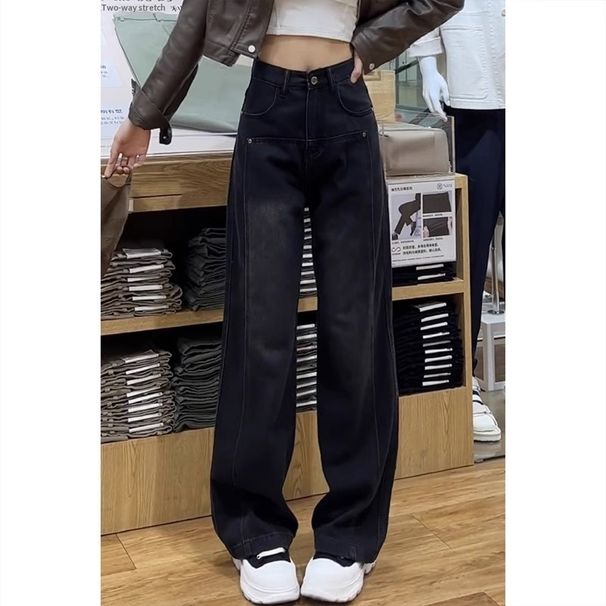 Black Fleece-Lined Wide-Leg Jeans Women, New Autumn And Winter Style, Petite Floor-Length Pants, Slimming Straight-Leg_mkmklike.com