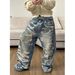 Trendy Blue Ripped Jeans Men's Autumn And Winter New Style American Beggar Oversized Straight Wide Leg Pants_mkmklike.com