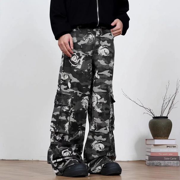 Men's Clothing Black And Gray Camouflage Overalls With Multiple Pockets, Trendy Brand For Men And Women, Casual Straight Leg Loose Wide Leg_mkmklike.com