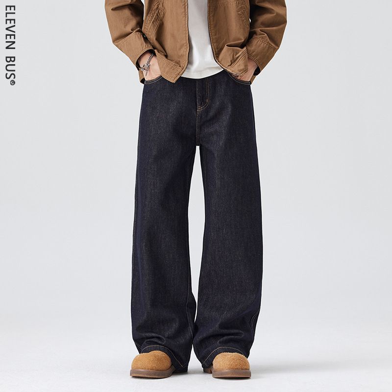 Men's Japanese Vintage Washed Straight Leg Jeans – Relaxed Wide Fit, Heavyweight Denim, Winter Blue (Sizes 28-38)_mkmklike.com
