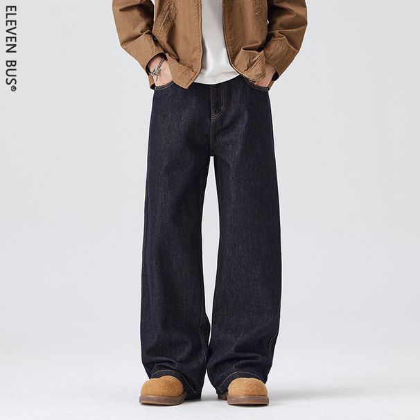 Men's Japanese Vintage Washed Straight Leg Jeans – Relaxed Wide Fit, Heavyweight Denim, Winter Blue (Sizes 28-38)_mkmklike.com