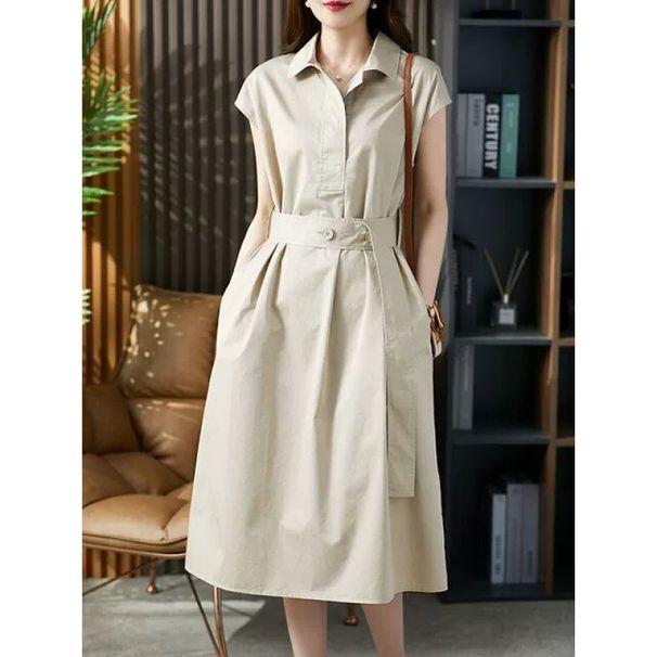 Literary Leisure Temperament Loose Large Size Women's Clothing Solid Color Waist Slimming Shirt Dress Midi Dress_mkmklike.com