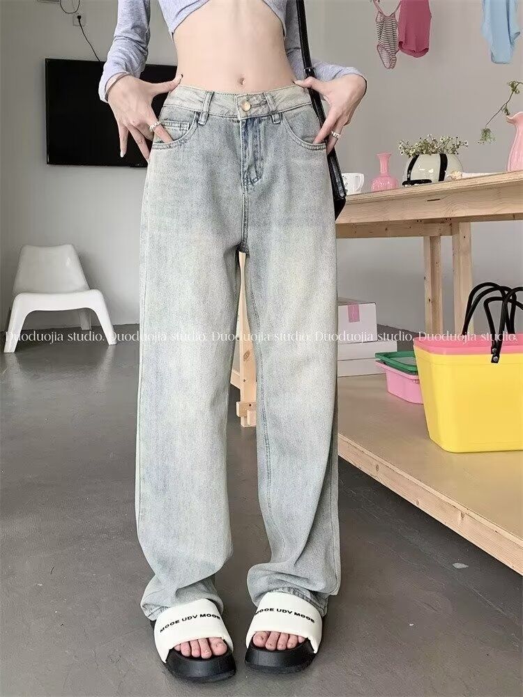 American-style Washed Denim Jeans For Women, Yellow Mud-dyed Straight-leg Pants, Trendy High Street Distressed Casual_mkmklike.com