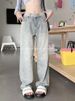 American-style Washed Denim Jeans For Women, Yellow Mud-dyed Straight-leg Pants, Trendy High Street Distressed Casual_mkmklike.com