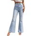 Light Blue Washed Yellow Floral Print Flared Jeans High Waist Stretch Retro Floor Length Women's Denim NY1029_mkmklike.com
