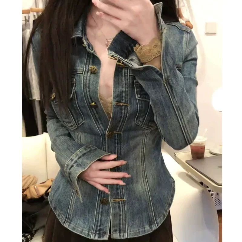 American Blue Polo Collar Denim Shirt For Women's Winter High-End Feeling, Waist Cinching, Slim Fit And Slimming Jacket_mkmklike.com