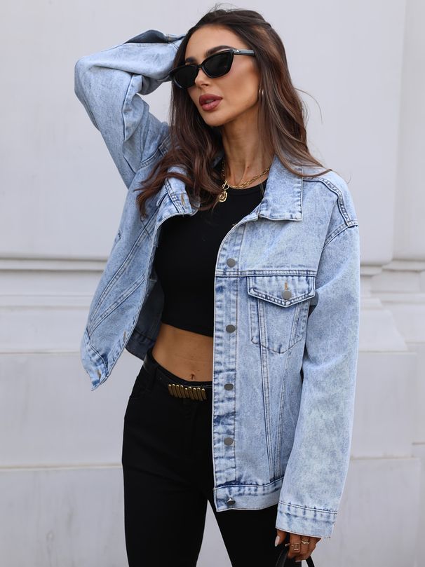Trendy Oversized Denim Jacket For Women - Long Sleeve Cotton Blend Casual Coat With Lapel Collar (XS, S, M, L, XL, 2XL)_mkmklike.com