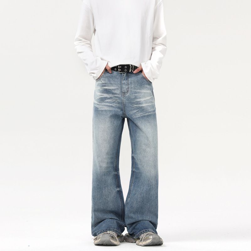 Men's Clothing Washed Jeans Whiskers Slightly Wide Leg Neutral Style Trousers_mkmklike.com