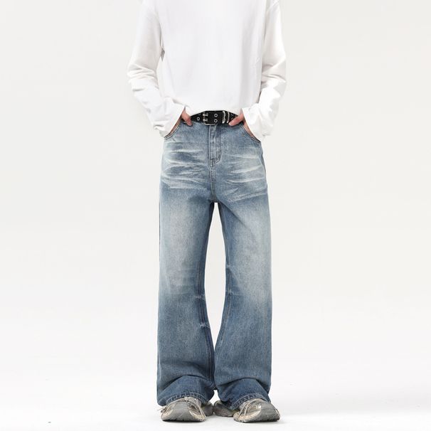 Men's Clothing Washed Jeans Whiskers Slightly Wide Leg Neutral Style Trousers_mkmklike.com