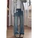 Retro Blue Straight Leg Jeans High Waisted Fleece Lined plus Size Slimming Loose Wide Leg Pants for Women Pear Shaped Figure Autumn Winter_mkmklike.com