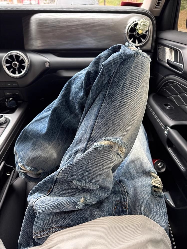 "Men's Lightning Bolt Ripped Denim Jeans – High Street Slim Straight Fit With Subtle Flare, Distressed Details (Summer Staple, Urban Edgy Look)"_mkmklike.com