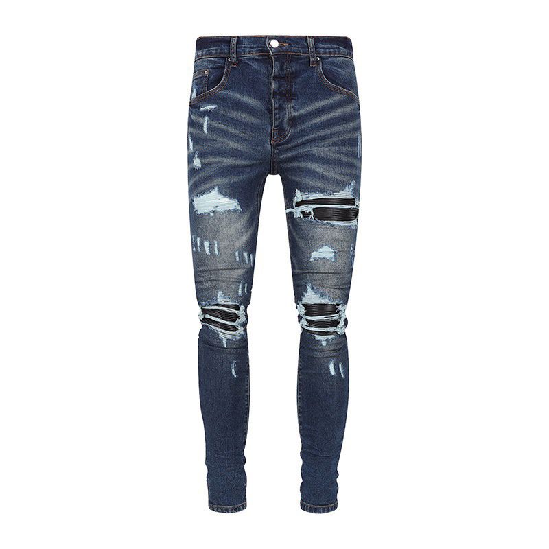 Men's Clothing Street Fashion Jeans Blue Vintage Skinny Ripped Leather Patch Jeans_mkmklike.com