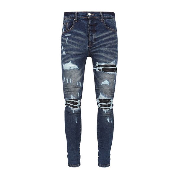 Men's Clothing Street Fashion Jeans Blue Vintage Skinny Ripped Leather Patch Jeans_mkmklike.com