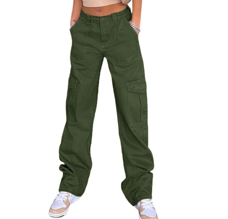 Women's Clothing Street Fashion Multi Pocket Workwear Straight Trousers High Waist Slimming Loose Khaki Jeans_mkmklike.com