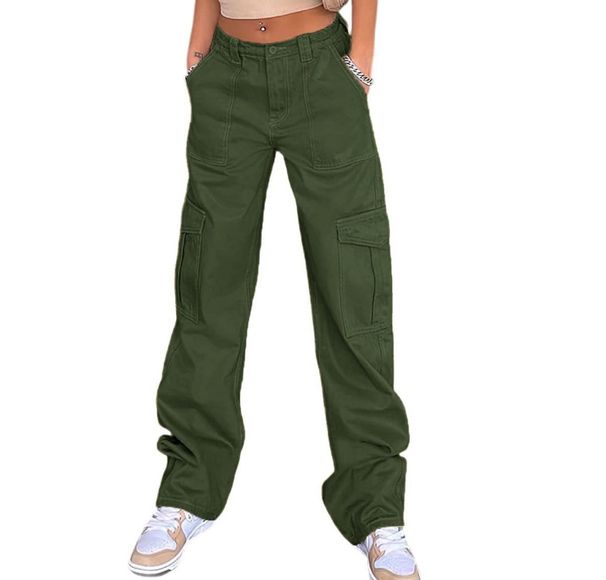Women's Clothing Street Fashion Multi Pocket Workwear Straight Trousers High Waist Slimming Loose Khaki Jeans_mkmklike.com