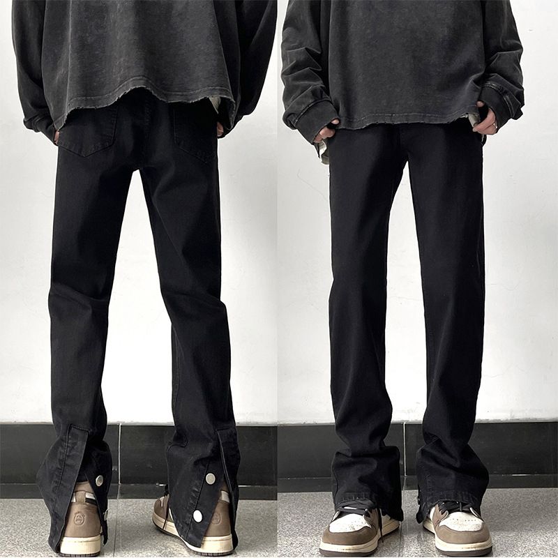 Nordmann Black Jeans Men's Autumn And Winter Style Loose Straight Buttoned Split High Street Trend American Retro Casual Pants_mkmklike.com