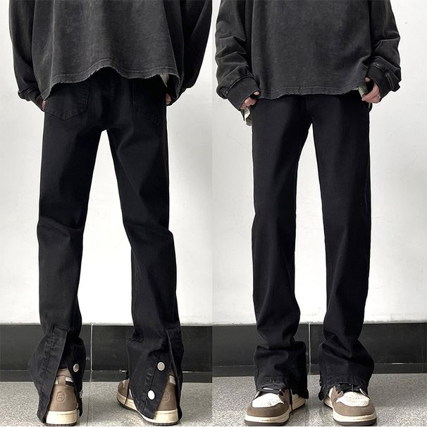 Nordmann Black Jeans Men's Autumn And Winter Style Loose Straight Buttoned Split High Street Trend American Retro Casual Pants_mkmklike.com