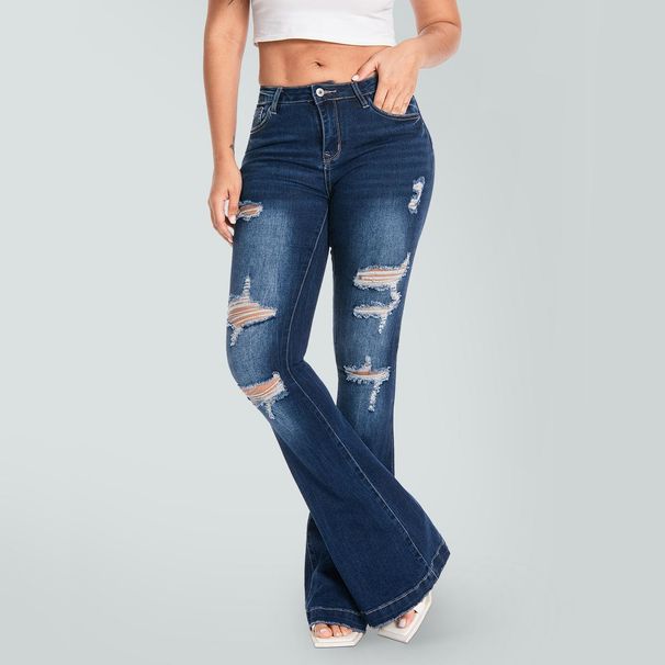 Retro Women's Stretchy Flared Jeans Mid-Rise Ripped Distressed Frayed Edges Slightly Flared Long Casual Street Style_mkmklike.com