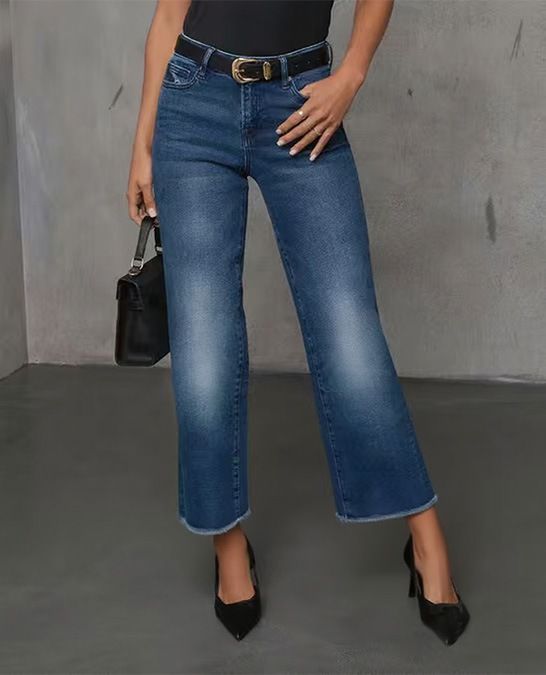 High-Waisted Straight Leg Jeans For Women - Slim Fit Stretch Denim With Distressed Hem & Fringe Details_mkmklike.com
