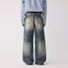 Men's High Street Distressed Jeans - Heavyweight Washed Denim Pants With 3d Cat Whisker Design, Straight Leg Fit_mkmklike.com
