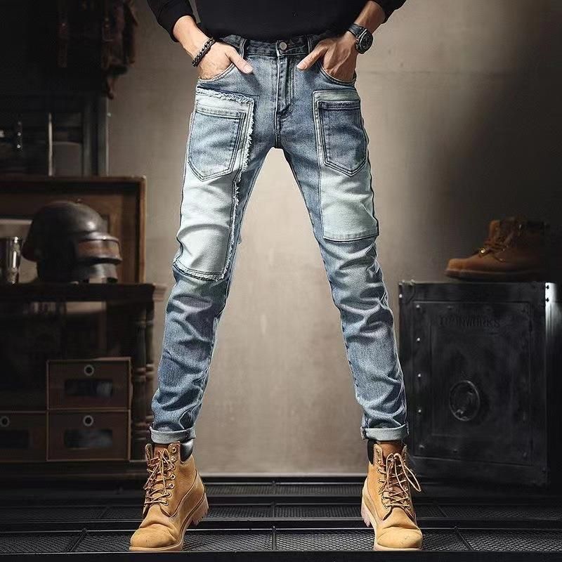 Men's Patchwork Skinny Jeans – Edgy Stretch Denim Pants With Multi-Pockets | Urban Streetwear Slim Fit Trousers_mkmklike.com
