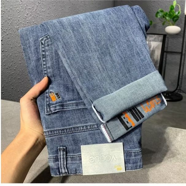 High End Men's Jeans Spring And Autumn New Style All Match Trend Elastic Small Straight Tube Ash Gray Printed Long Trousers Washed Jeans_mkmklike.com