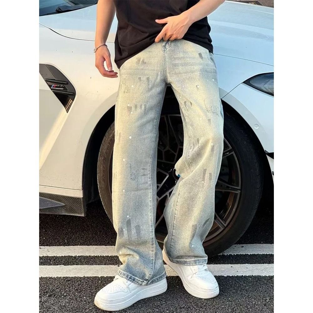 Men's Vintage -Dye Jeans – High Street Vibe Straight & Flared Trousers With Splatter Print (Blue, Cotton, Regular Fit, Mid Rise, Stretch Comfort)_mkmklike.com