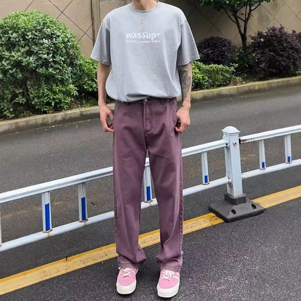Vintage Washed Purple Denim Jeans For Men - Relaxed Fit Straight Leg Casual Work Pants With Retro Style_mkmklike.com