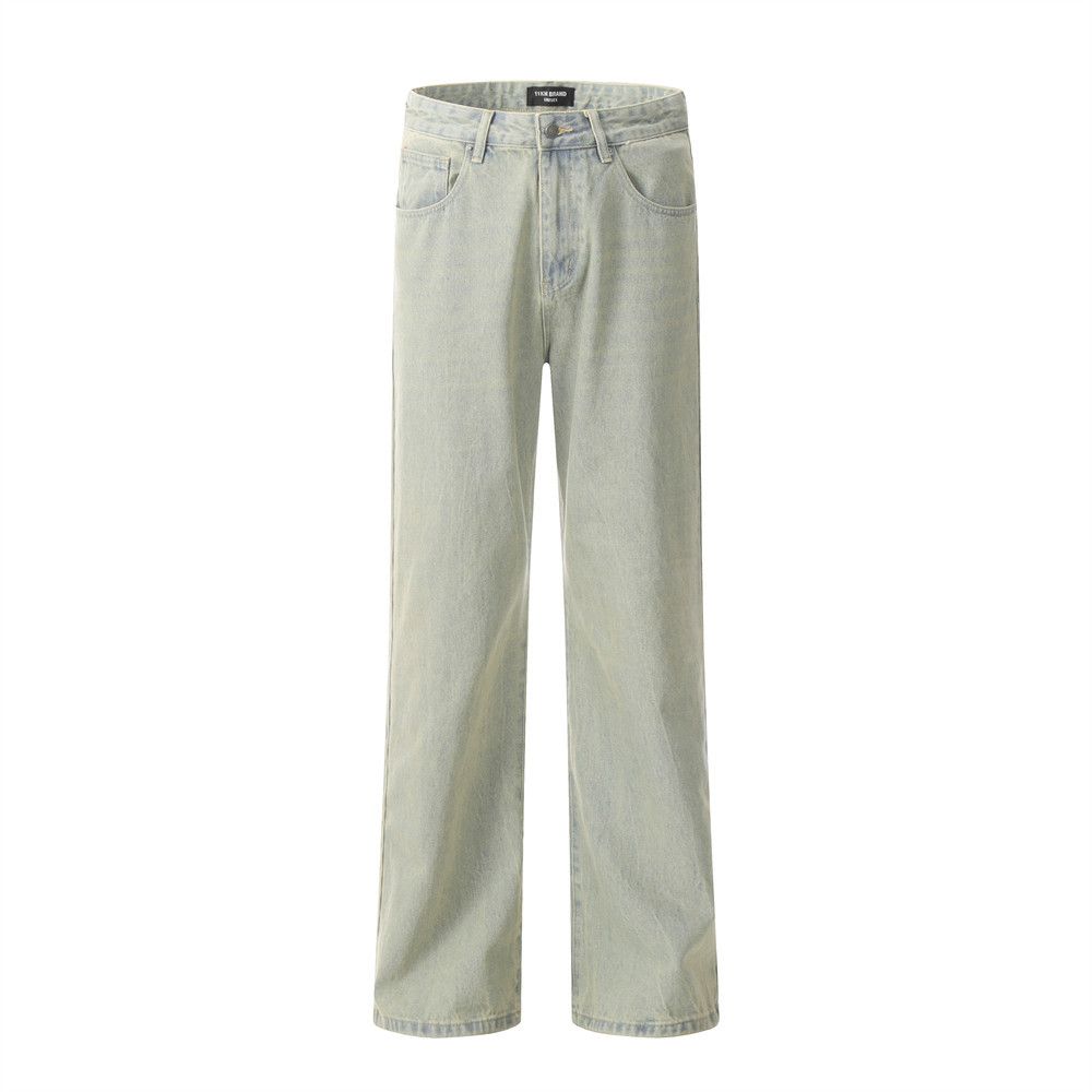 Washed Vintage Denim Men Punk Street Style Basic Simple Versatile Casual Straight Loose Pants_mkmklike.com